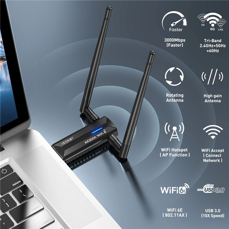 EDUP EP-AX1672 AX3000 USB 3.0 WiFi 6E nätverksadapter 2,4GHz / 5GHz / 6GHz MTK7921AU Chipset Nätverkskontakt