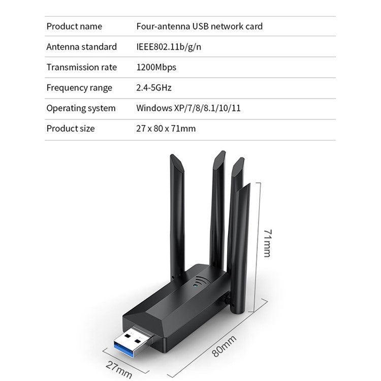 A07 Dual-Band 2.4G / 5G Drivrutinsfri trådlös nätverksadapter USB3.0 trådlös höghastighetsadapter 4-antenner Datornätverkskort