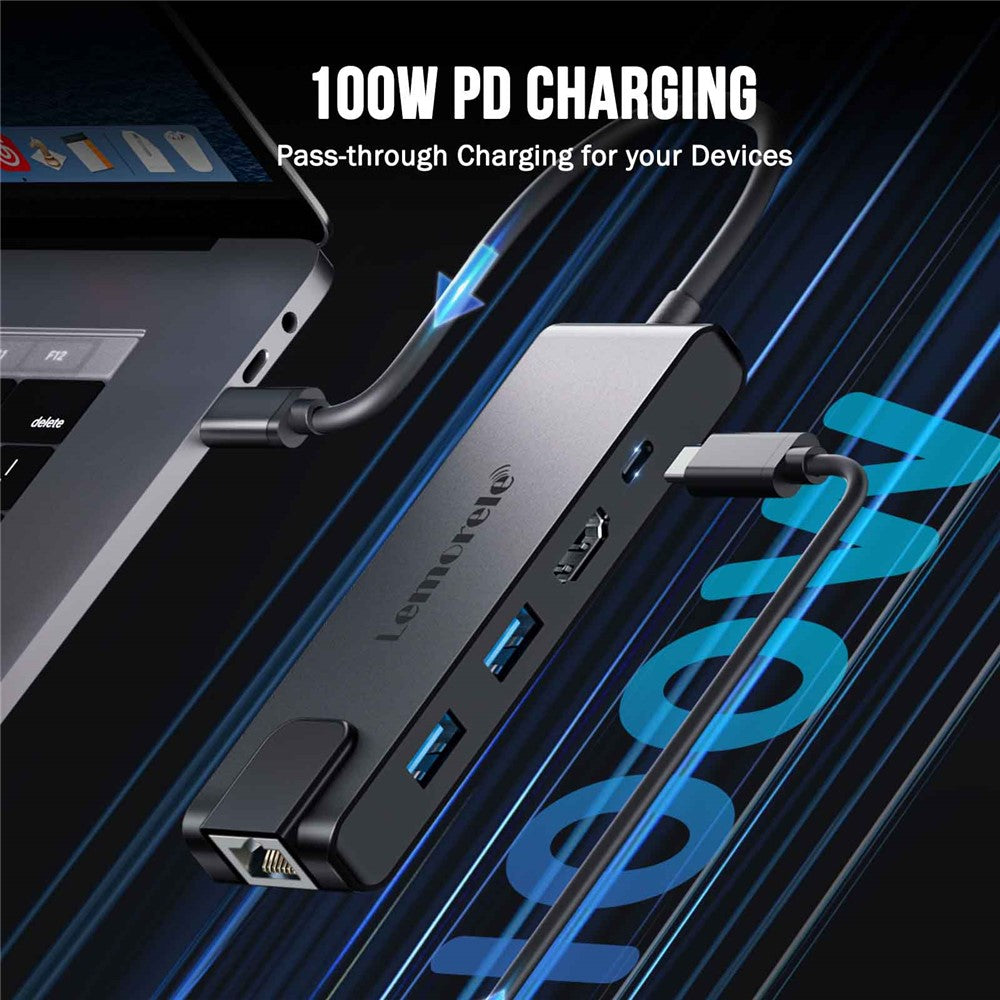 LEMORELE TC24L 5 in 1 USB-C Hub PD 100W Charging 4K HD Gigabit Ethernet Expansion Dock