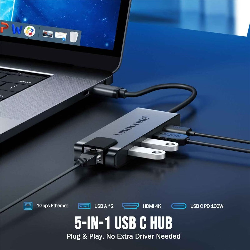 LEMORELE TC24L 5 in 1 USB-C Hub PD 100W Charging 4K HD Gigabit Ethernet Expansion Dock