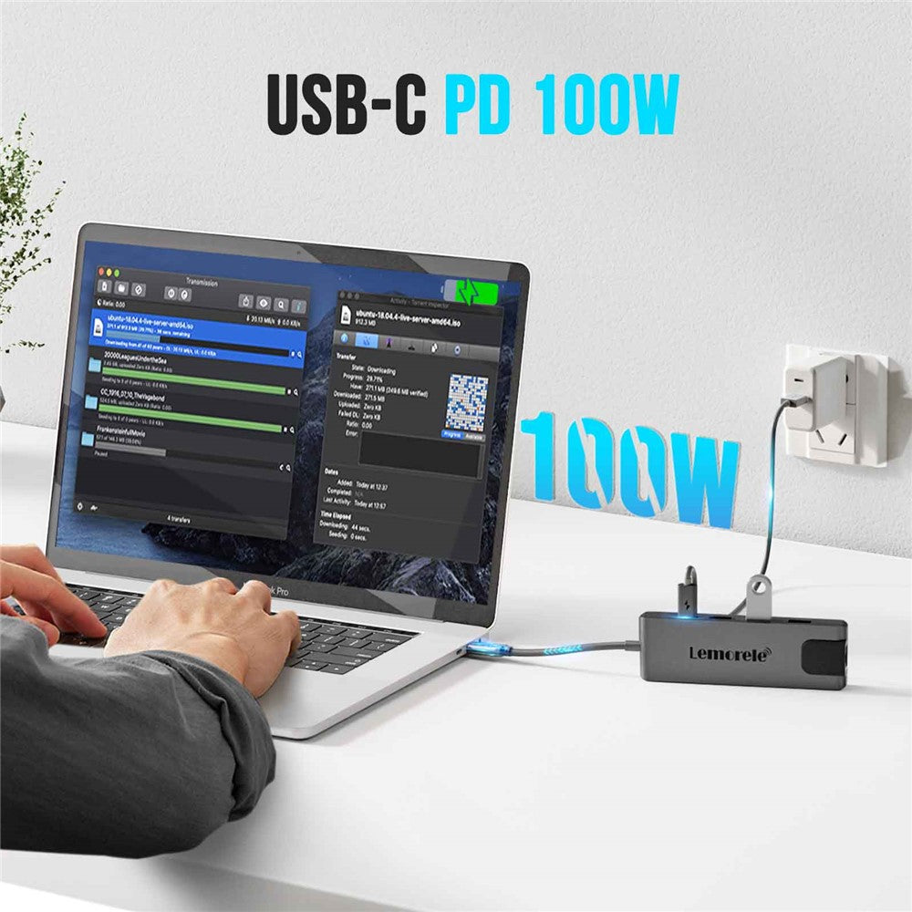 LEMORELE TC24L 5 in 1 USB-C Hub PD 100W Charging 4K HD Gigabit Ethernet Expansion Dock