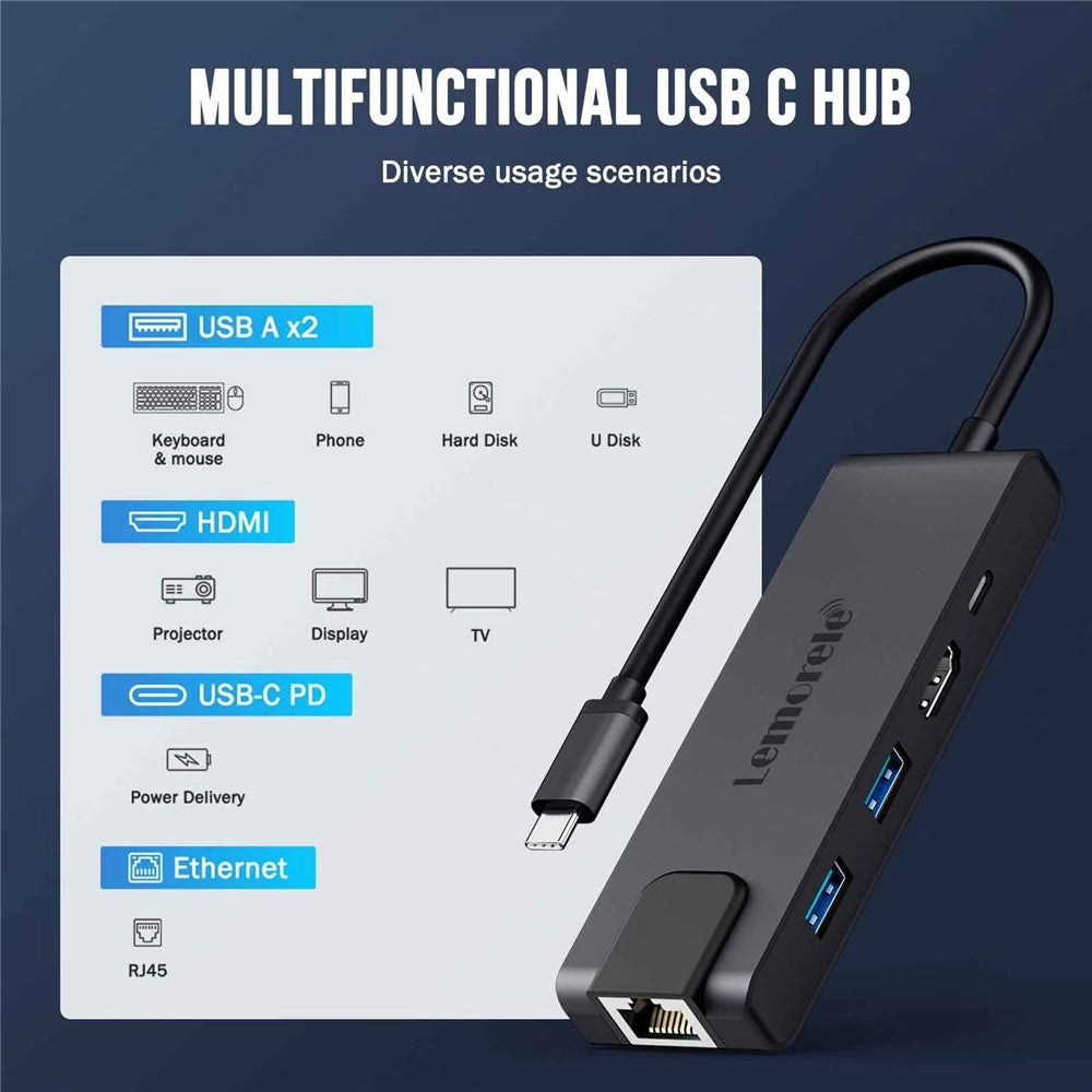 LEMORELE TC24L 5 in 1 USB-C Hub PD 100W Charging 4K HD Gigabit Ethernet Expansion Dock