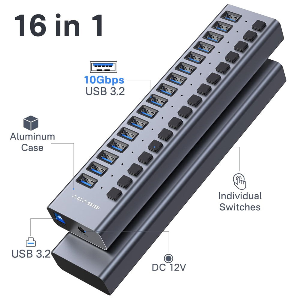 ACASIS HS-716 16-Port USB 3.2 Hub 10Gbps Data Transfer Aluminum Alloy Splitter with 96W Power Adapter for PC Laptop