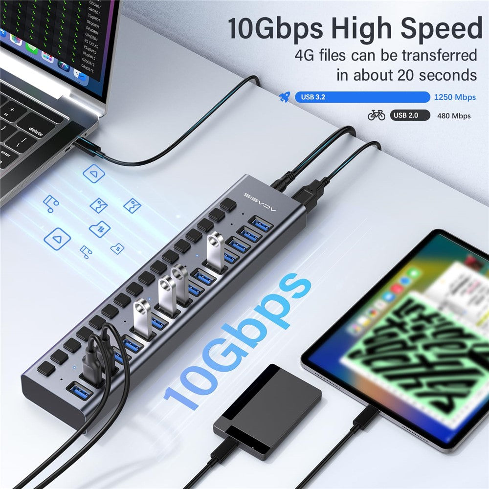 ACASIS HS-716 16-Port USB 3.2 Hub 10Gbps Data Transfer Aluminum Alloy Splitter with 96W Power Adapter for PC Laptop