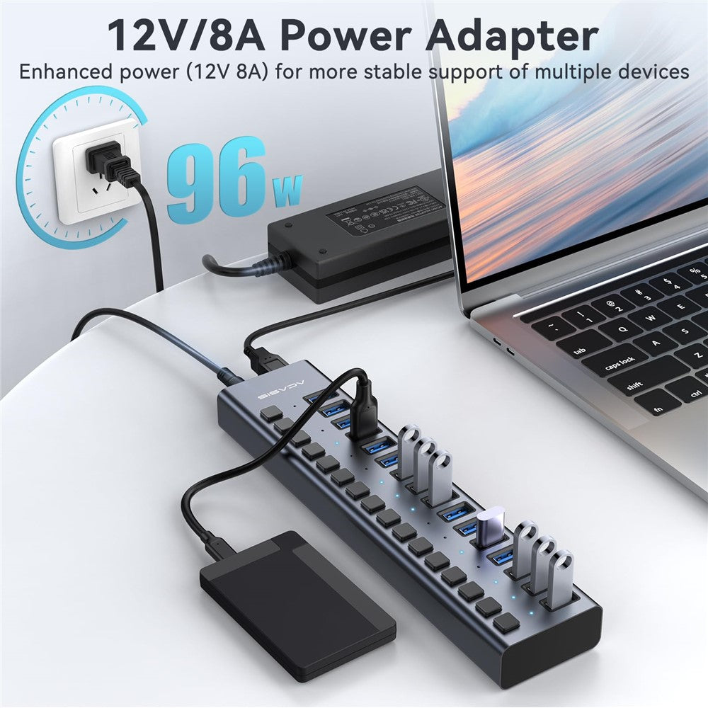 ACASIS HS-716 16-Port USB 3.2 Hub 10Gbps Data Transfer Aluminum Alloy Splitter with 96W Power Adapter for PC Laptop