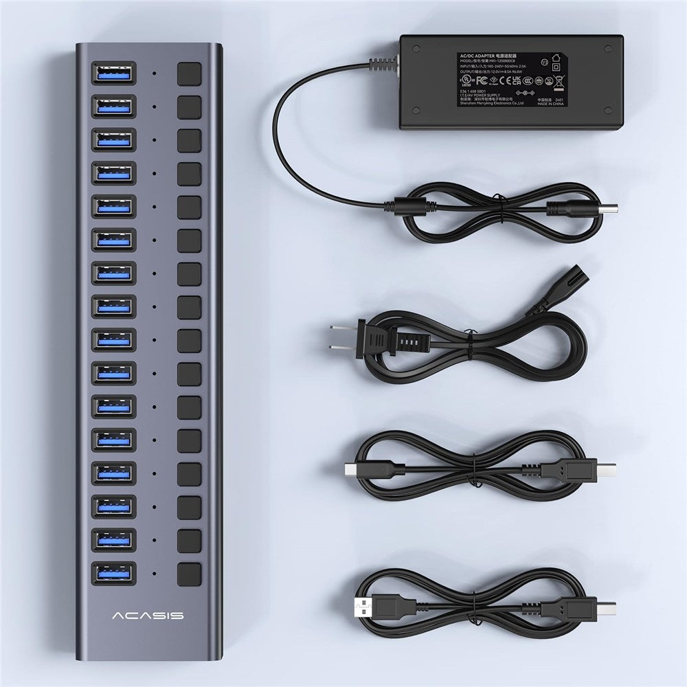 ACASIS HS-716 16-Port USB 3.2 Hub 10Gbps Data Transfer Aluminum Alloy Splitter with 96W Power Adapter for PC Laptop