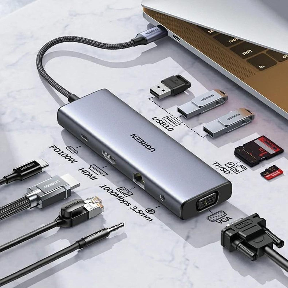 UGREEN 15601 Docking Station 10 in 1 USB-C Hub with HD VGA SD / TF Card Reader PD 100W Fast Charging