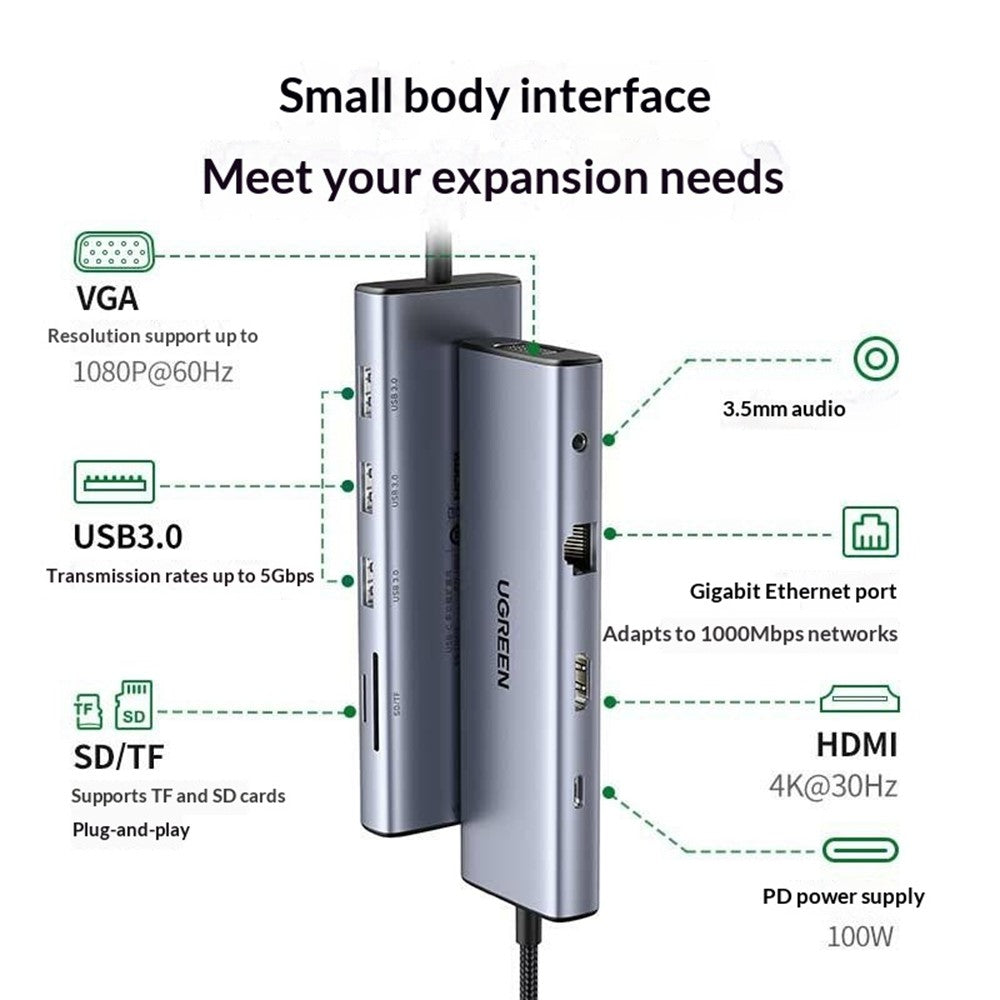 UGREEN 15601 Docking Station 10 in 1 USB-C Hub with HD VGA SD / TF Card Reader PD 100W Fast Charging