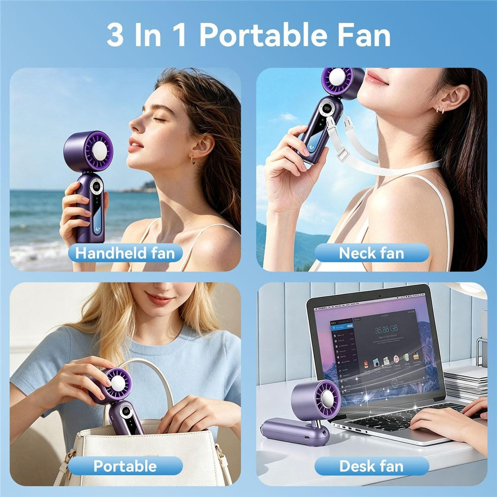 JF163 3-in-1 Portable Cooling Fan 4000mAh USB-C Rechargeable Desktop Handheld Foldable Neck Hanging Fan