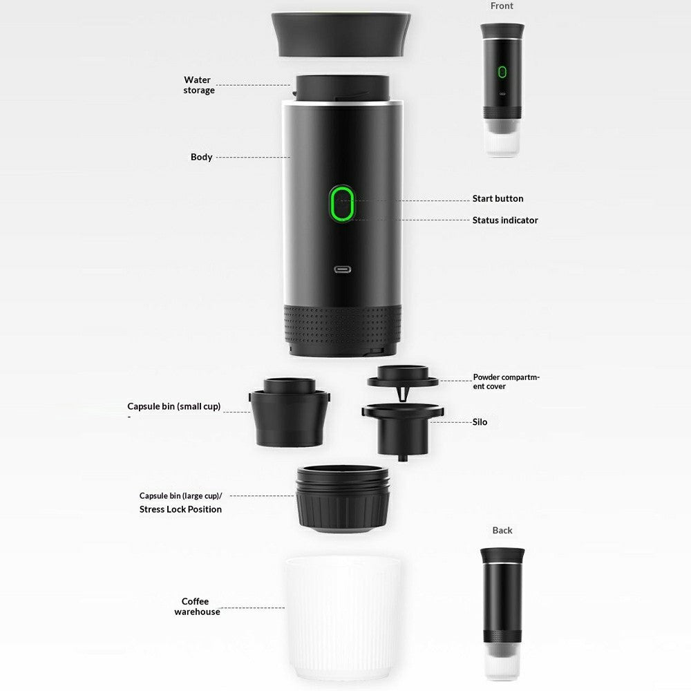 Portable Coffee Maker Self-Heating Travel Electric Espresso Machine for Ground Coffee and Capsules (BPA Free, No FDA)