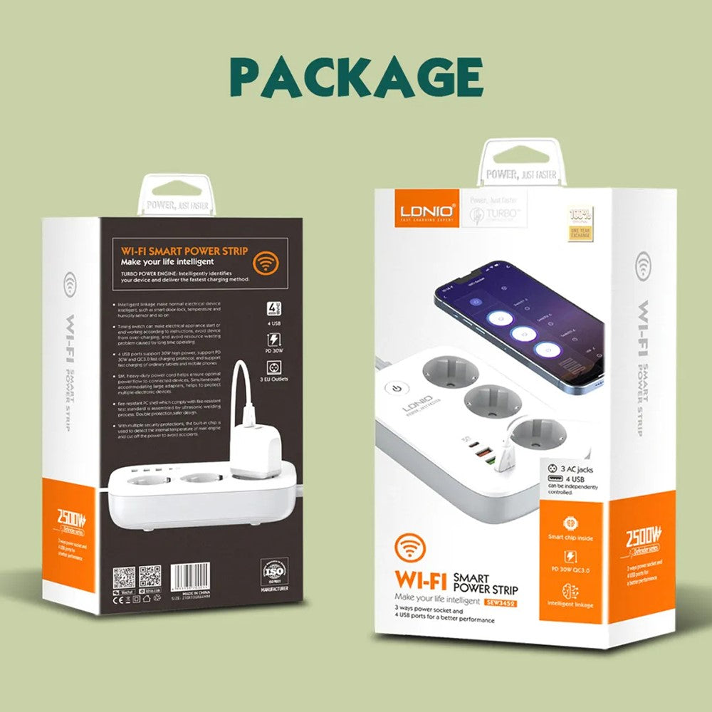 LDNIO SEW3452 WiFi Smart Power Strip 30W PD Fast Charging 3 EU Plug AC Outlets 4 USB Ports Remote Control Power Socket