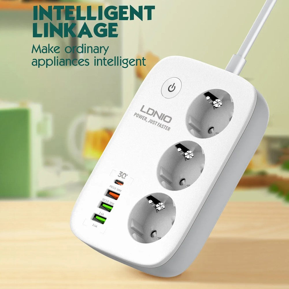 LDNIO SEW3452 WiFi Smart Power Strip 30W PD Fast Charging 3 EU Plug AC Outlets 4 USB Ports Remote Control Power Socket
