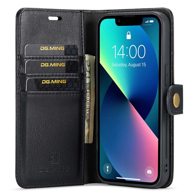 DG.MING För iPhone 14 Plus 6,7 tum Split Läder Magnetisk Avtagbart Flip Fodral Stativ Funktion Plånbok Skydd Plånboksfodral
