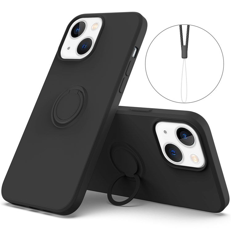 För iPhone 14 Plus 6,7 tum Easy Grip Ring Kickstand Flytande Silikon Telefonfodral Skyddande bakstycke med handledsrem
