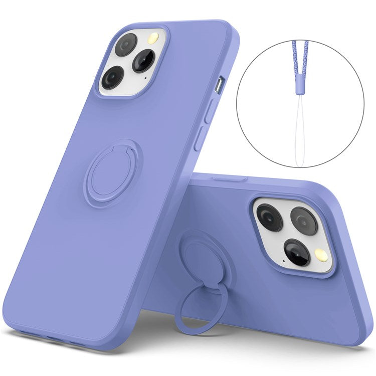 För iPhone 14 Pro 6,1 tum Inbyggd magnetisk metallplåt flytande silikon mobiltelefonfodral med handledsrem och ringhållare Kickstand
