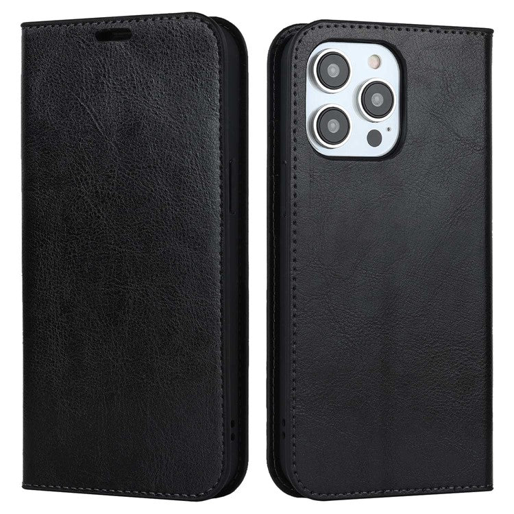 För iPhone 14 Pro 6,1 tum Foliofodral för plånbok i äkta läder Crazy Horse Texture Magnetic Absorption Stand Cover
