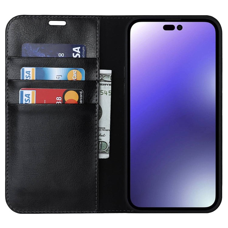 För iPhone 14 Pro 6,1 tum Foliofodral för plånbok i äkta läder Crazy Horse Texture Magnetic Absorption Stand Cover