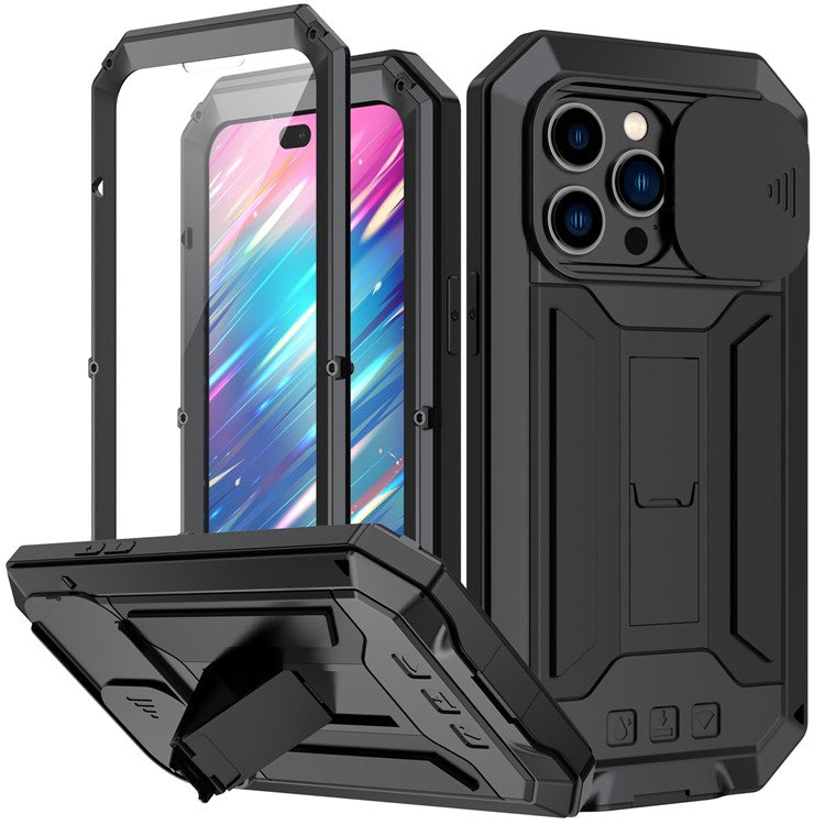 R-JUST För iPhone 14 Pro 6,1 tums kameraskydd Silikon + Metall + Skärmskydd i härdat glas Telefonfodral Stativ Design Vattentätt anti-droppskydd