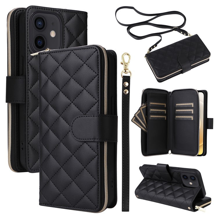 For iPhone 12 mini Zipper Wallet Case Rhombus Leather Handbag Phone Cove
