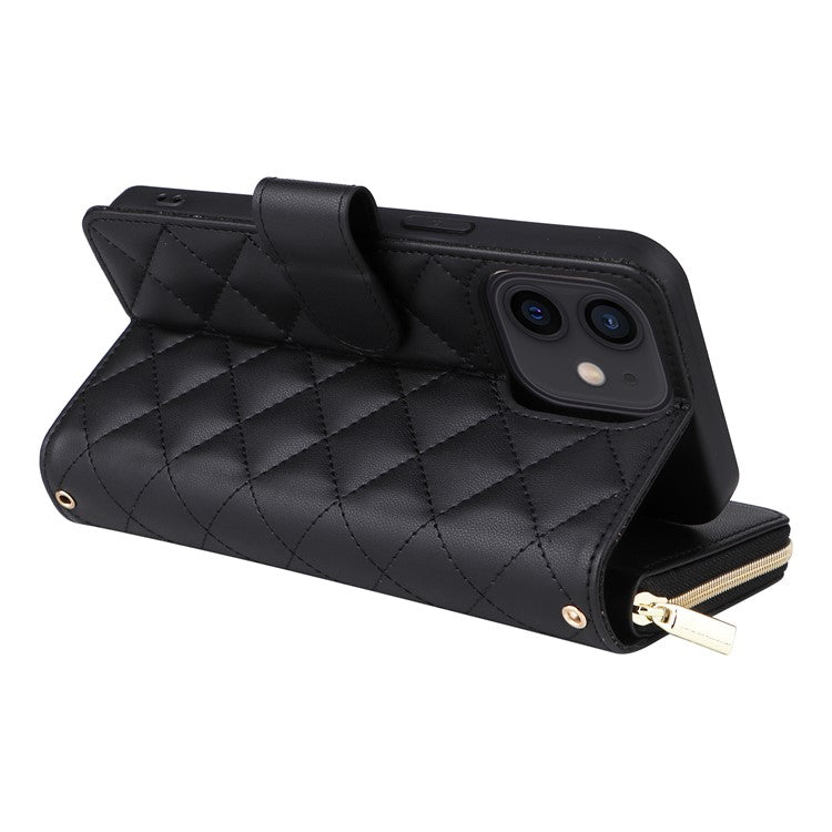 For iPhone 12 mini Zipper Wallet Case Rhombus Leather Handbag Phone Cove