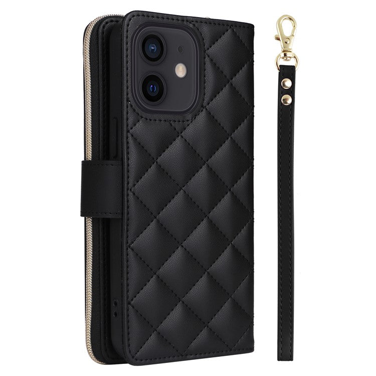 For iPhone 12 mini Zipper Wallet Case Rhombus Leather Handbag Phone Cove