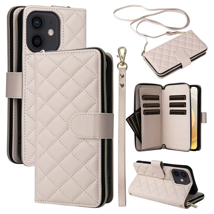 For iPhone 12 mini Zipper Wallet Case Rhombus Leather Handbag Phone Cove