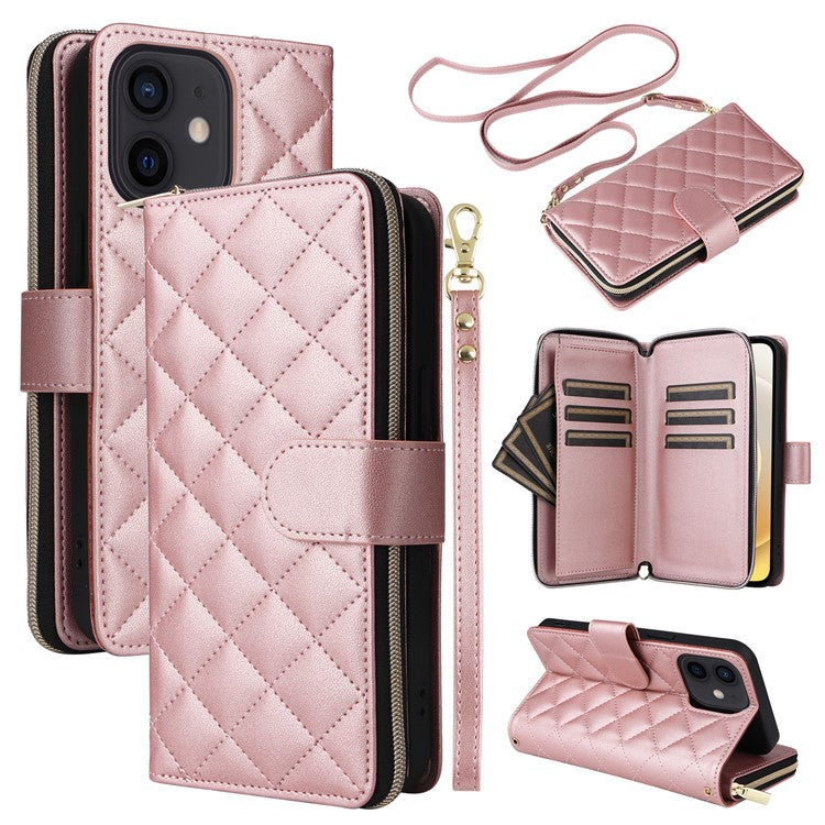 For iPhone 12 mini Zipper Wallet Case Rhombus Leather Handbag Phone Cove