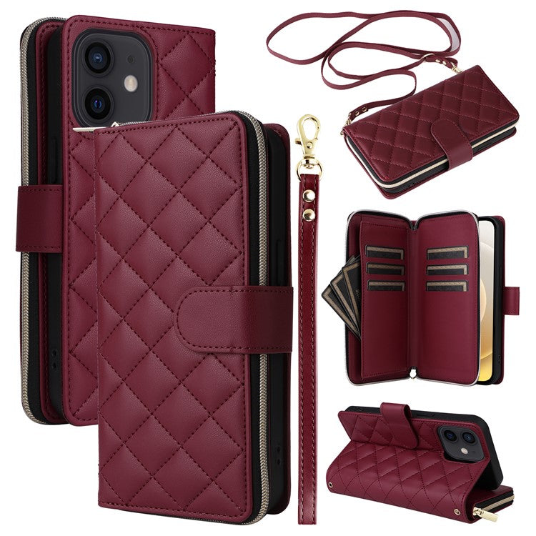 For iPhone 12 mini Zipper Wallet Case Rhombus Leather Handbag Phone Cove