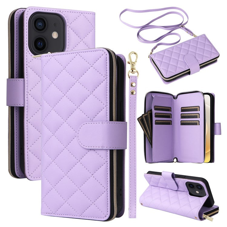 For iPhone 12 mini Zipper Wallet Case Rhombus Leather Handbag Phone Cove