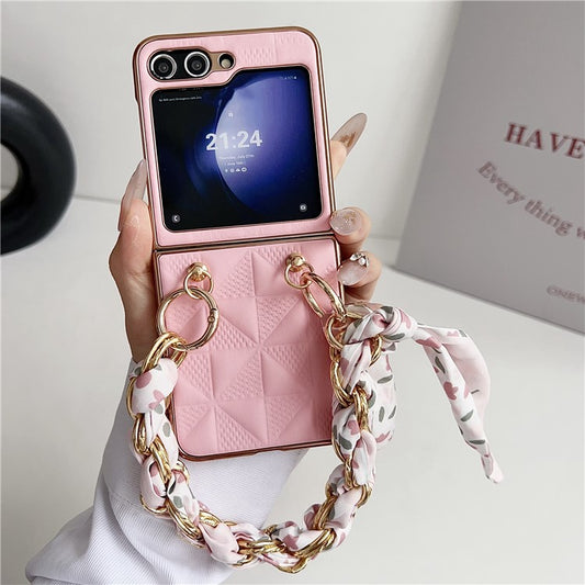 For Samsung Galaxy Z Flip6 5G / Z Flip5 5G Case Grid Texture Leather + PC Bracelet Phone Cover