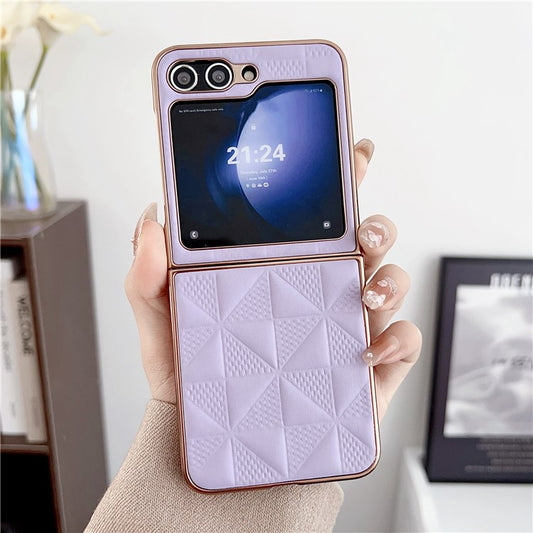 For Samsung Galaxy Z Flip6 5G / Z Flip5 5G Case Electroplating Frame Leather + PC Grid Texture Phone Cove