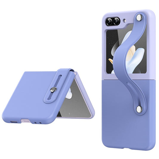 For Samsung Galaxy Z Flip6 5G / Z Flip5 5G PU+PC Case Dual Color Hand Strap Kickstand Phone Cover