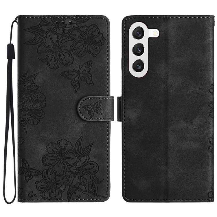 For Samsung Galaxy S23 Case Sakura Butterfly Pattern PU Leather Phone Cover with Hand Strap