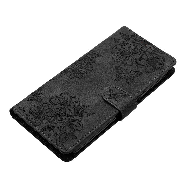 For Samsung Galaxy S23 Case Sakura Butterfly Pattern PU Leather Phone Cover with Hand Strap