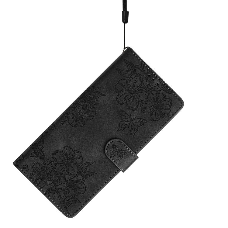 For Samsung Galaxy S23 Case Sakura Butterfly Pattern PU Leather Phone Cover with Hand Strap