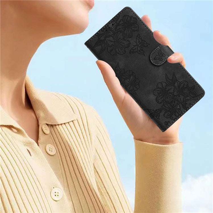 For Samsung Galaxy S23 Case Sakura Butterfly Pattern PU Leather Phone Cover with Hand Strap