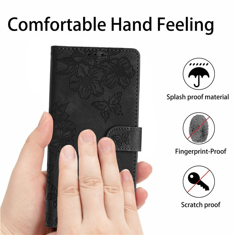 For Samsung Galaxy S23 Case Sakura Butterfly Pattern PU Leather Phone Cover with Hand Strap