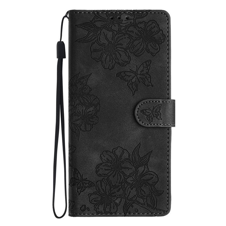 For Samsung Galaxy S23 Case Sakura Butterfly Pattern PU Leather Phone Cover with Hand Strap