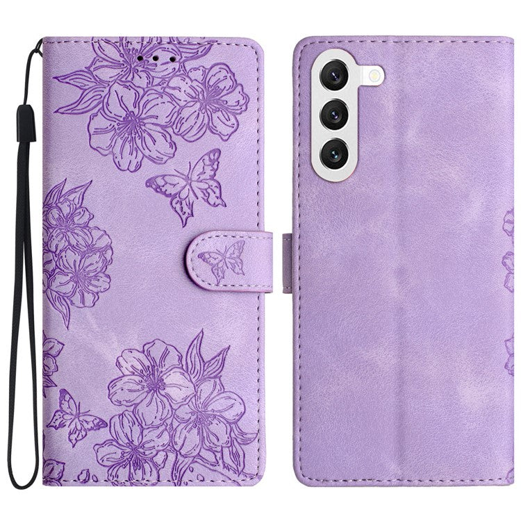 For Samsung Galaxy S23 Case Sakura Butterfly Pattern PU Leather Phone Cover with Hand Strap