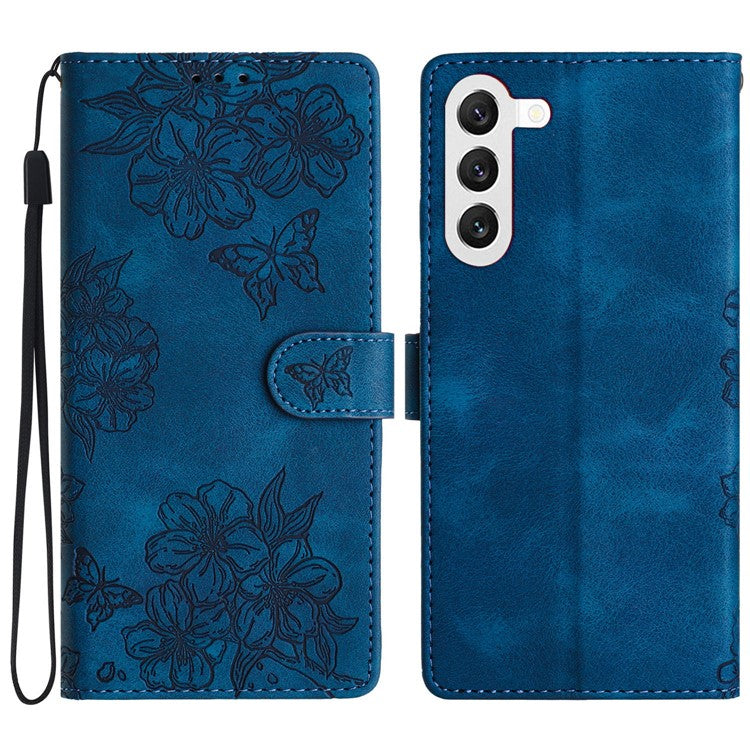 For Samsung Galaxy S23 Case Sakura Butterfly Pattern PU Leather Phone Cover with Hand Strap