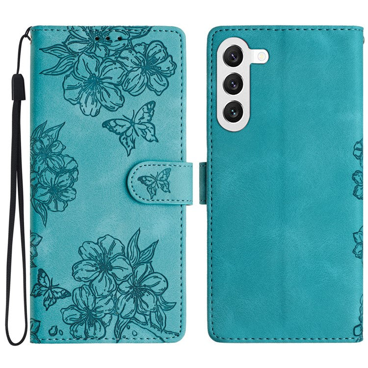 For Samsung Galaxy S23 Case Sakura Butterfly Pattern PU Leather Phone Cover with Hand Strap