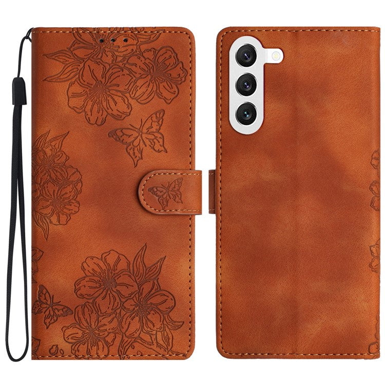 For Samsung Galaxy S23 Case Sakura Butterfly Pattern PU Leather Phone Cover with Hand Strap