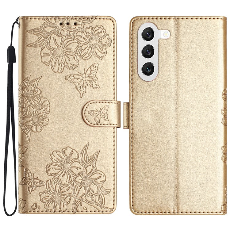 For Samsung Galaxy S23 Case Sakura Butterfly Pattern PU Leather Phone Cover with Hand Strap