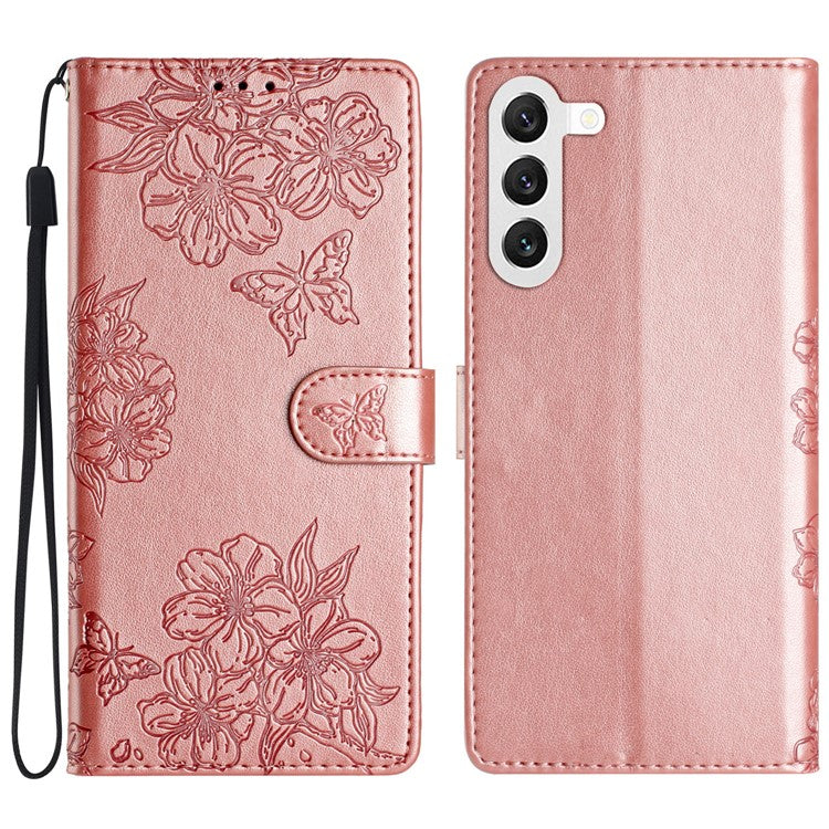 For Samsung Galaxy S23 Case Sakura Butterfly Pattern PU Leather Phone Cover with Hand Strap