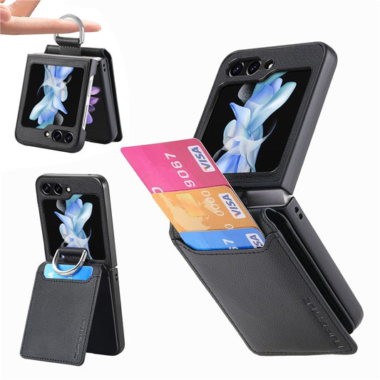 För Samsung Galaxy Z Flip6 5G telefonfodral Kortplats Kickstand PU+PC-fodral med fingerring