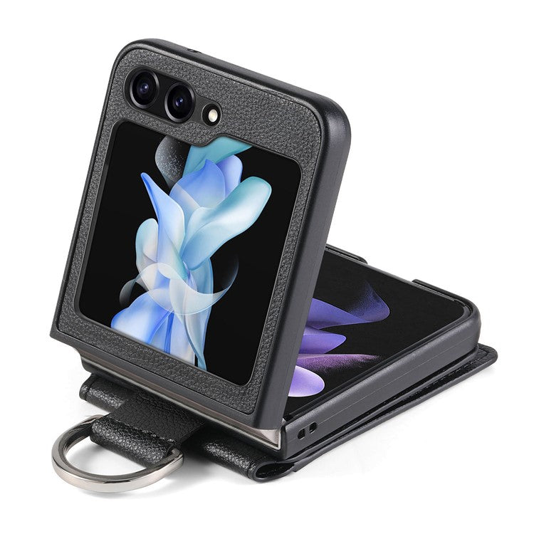 För Samsung Galaxy Z Flip6 5G telefonfodral Kortplats Kickstand PU+PC-fodral med fingerring