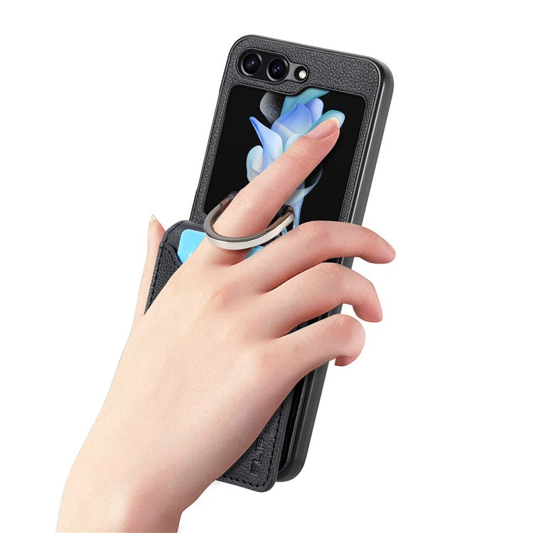 För Samsung Galaxy Z Flip6 5G telefonfodral Kortplats Kickstand PU+PC-fodral med fingerring