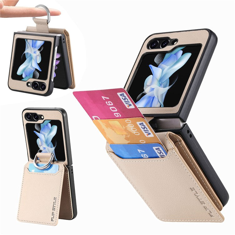 För Samsung Galaxy Z Flip6 5G telefonfodral Kortplats Kickstand PU+PC-fodral med fingerring