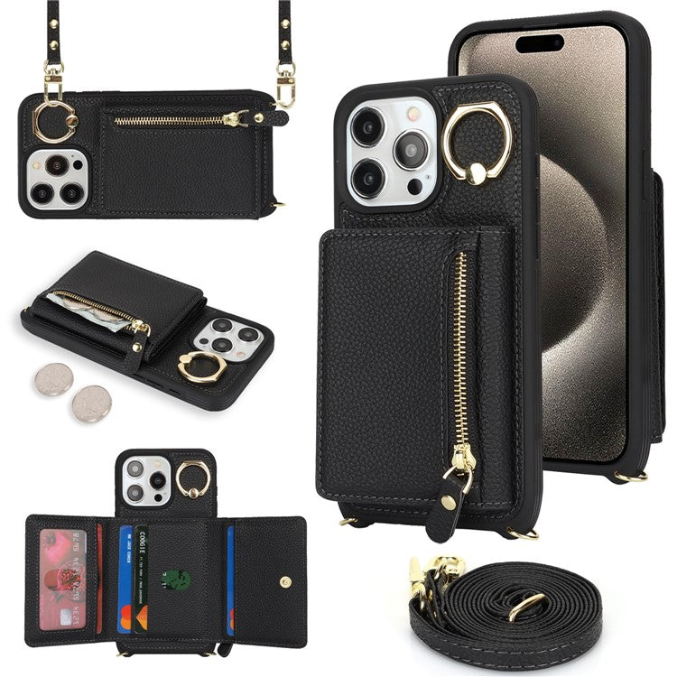 För iPhone 15 Pro Max Fodral Kortväska PU Läder+TPU-ring Kickstand Telefonskydd med lång rem