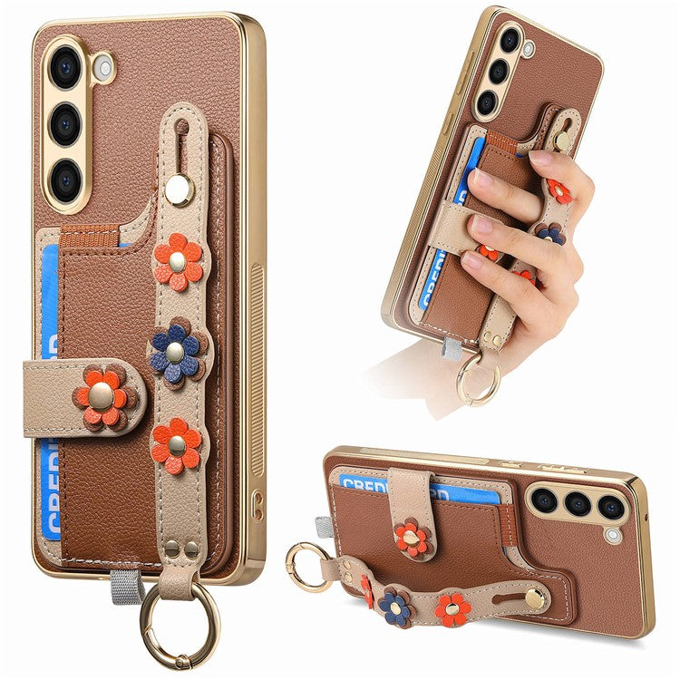 W2 For Samsung Galaxy S23+ Case Leather Coated TPU Phone Cover Anti-Drop Wristband 3D Flower Dedor